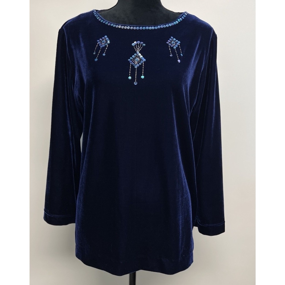 Vintage Coldwater Creek Beaded Blue Velvet Valor Top Sequin Whimsigoth Fairy‎